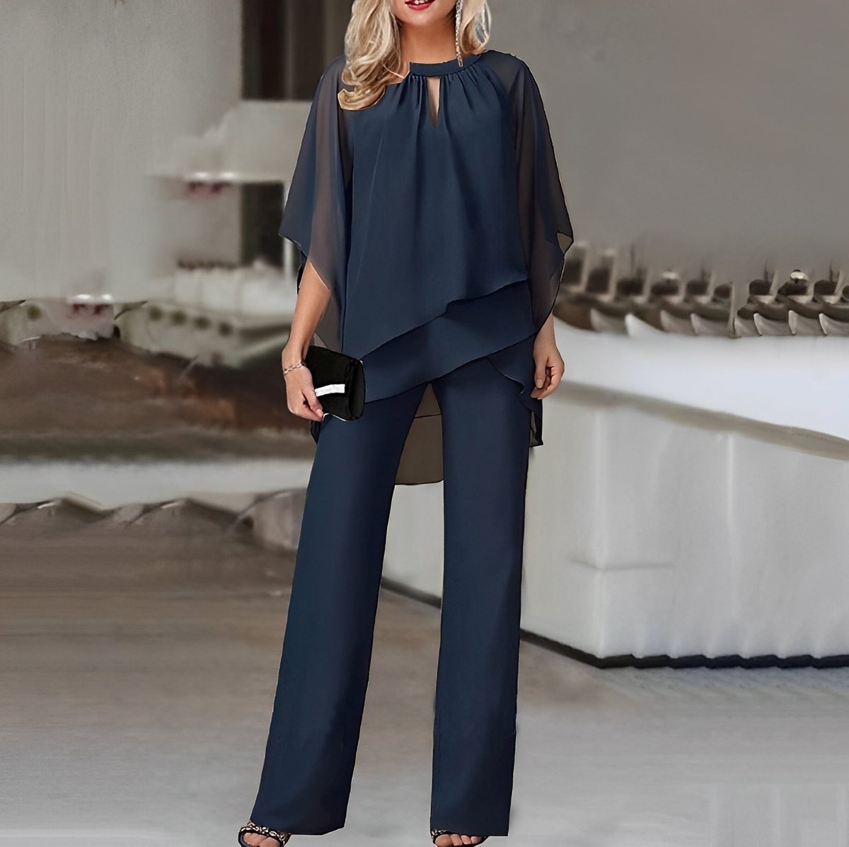 Ensemble Femme Deux Pièces Mousseline – Top Asymétrique & Pantalon Large | Élégance Chic Garanti