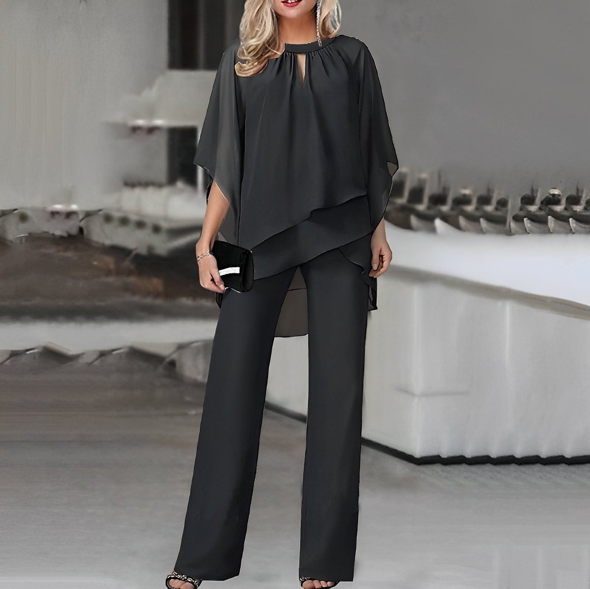 Ensemble Femme Deux Pièces Mousseline – Top Asymétrique & Pantalon Large | Élégance Chic Garanti
