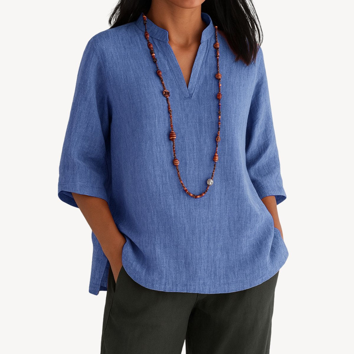 Blouse Tunique Femme Lin – Col V Montant Manches 3/4 | Style Naturel & Confort
