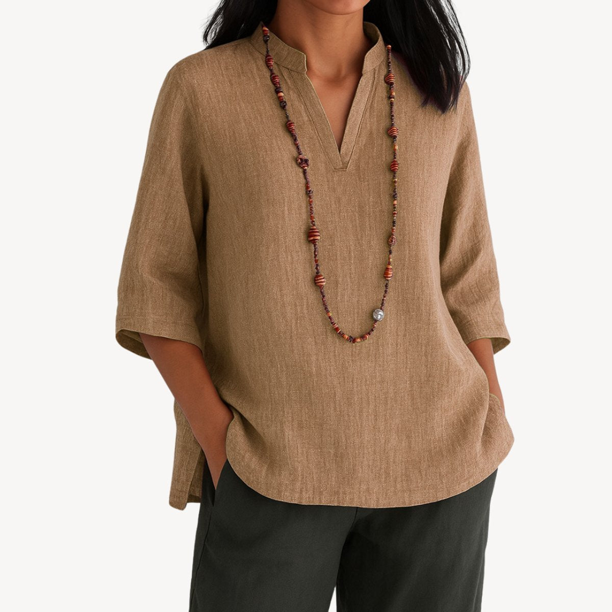 Blouse Tunique Femme Lin – Col V Montant Manches 3/4 | Style Naturel & Confort