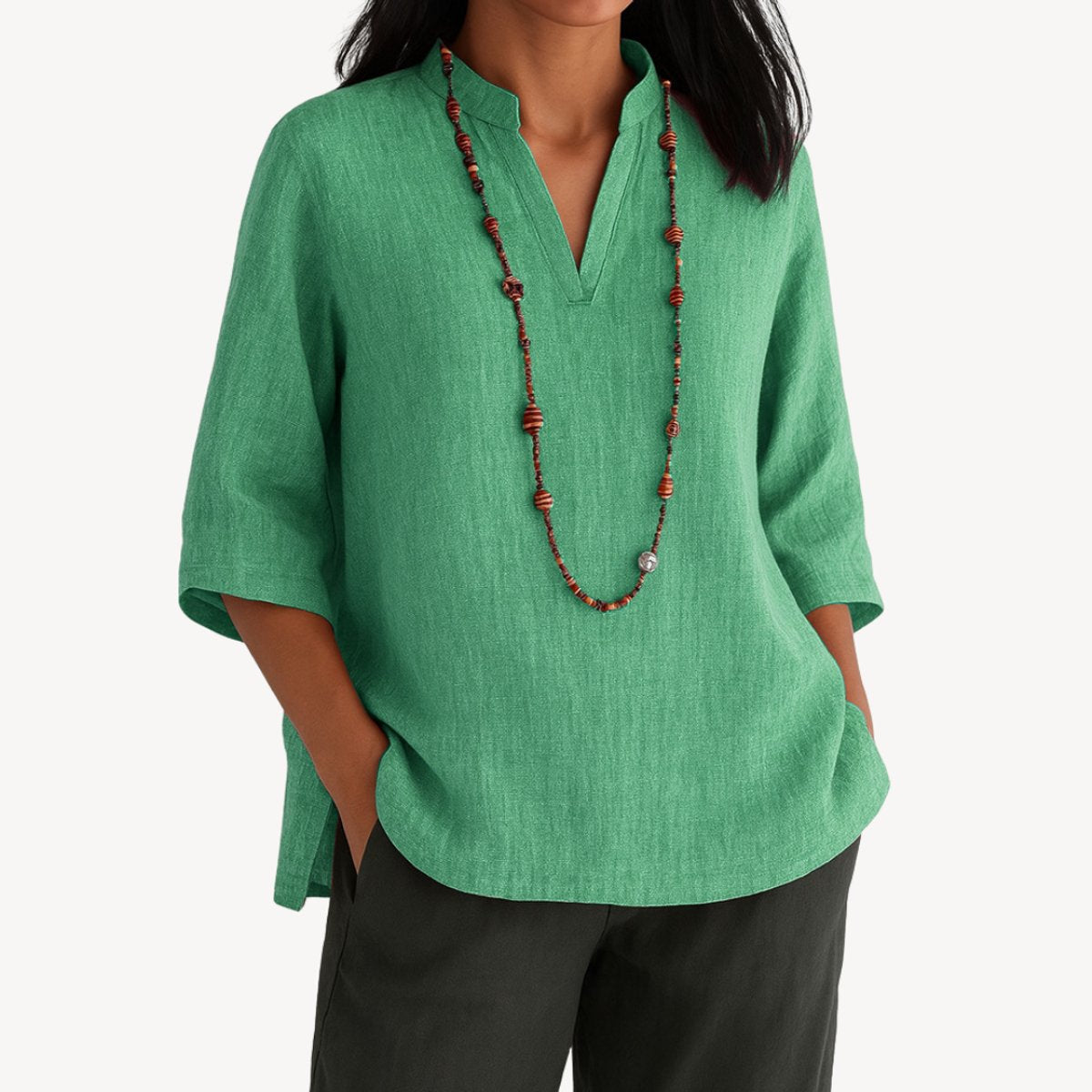 Blouse Tunique Femme Lin – Col V Montant Manches 3/4 | Style Naturel & Confort