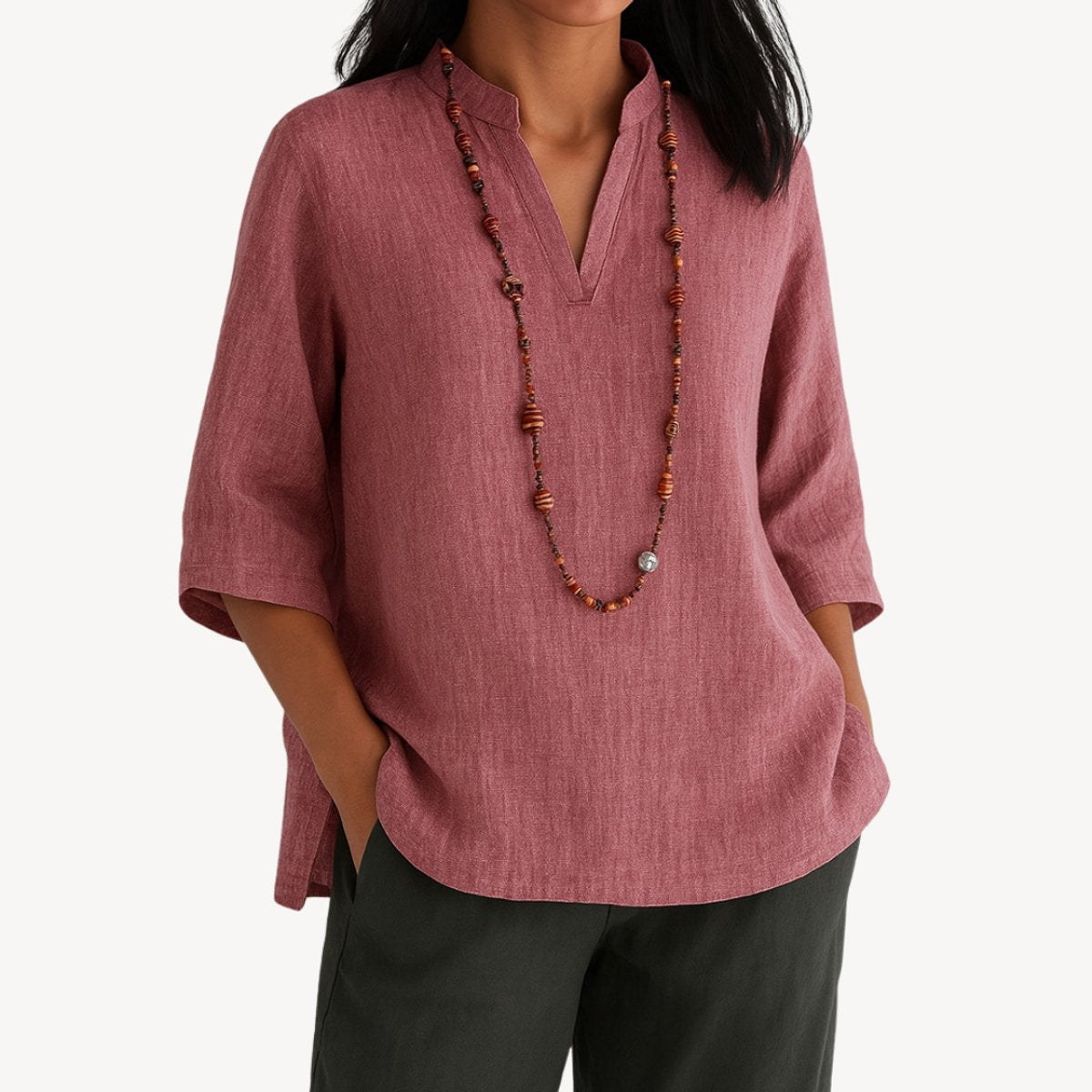 Blouse Tunique Femme Lin – Col V Montant Manches 3/4 | Style Naturel & Confort
