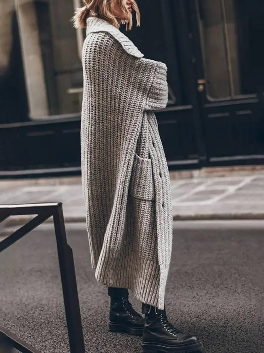Gilet Long Femme Grosse Maille Oversize – Revers Cranté Poches Profondes | Cosy Chic