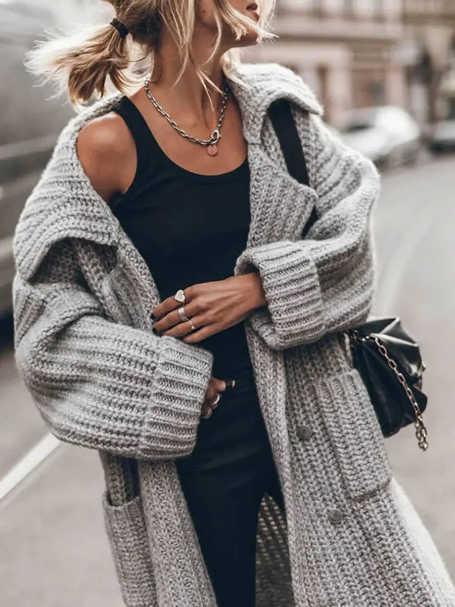 Gilet Long Femme Grosse Maille Oversize – Revers Cranté Poches Profondes | Cosy Chic