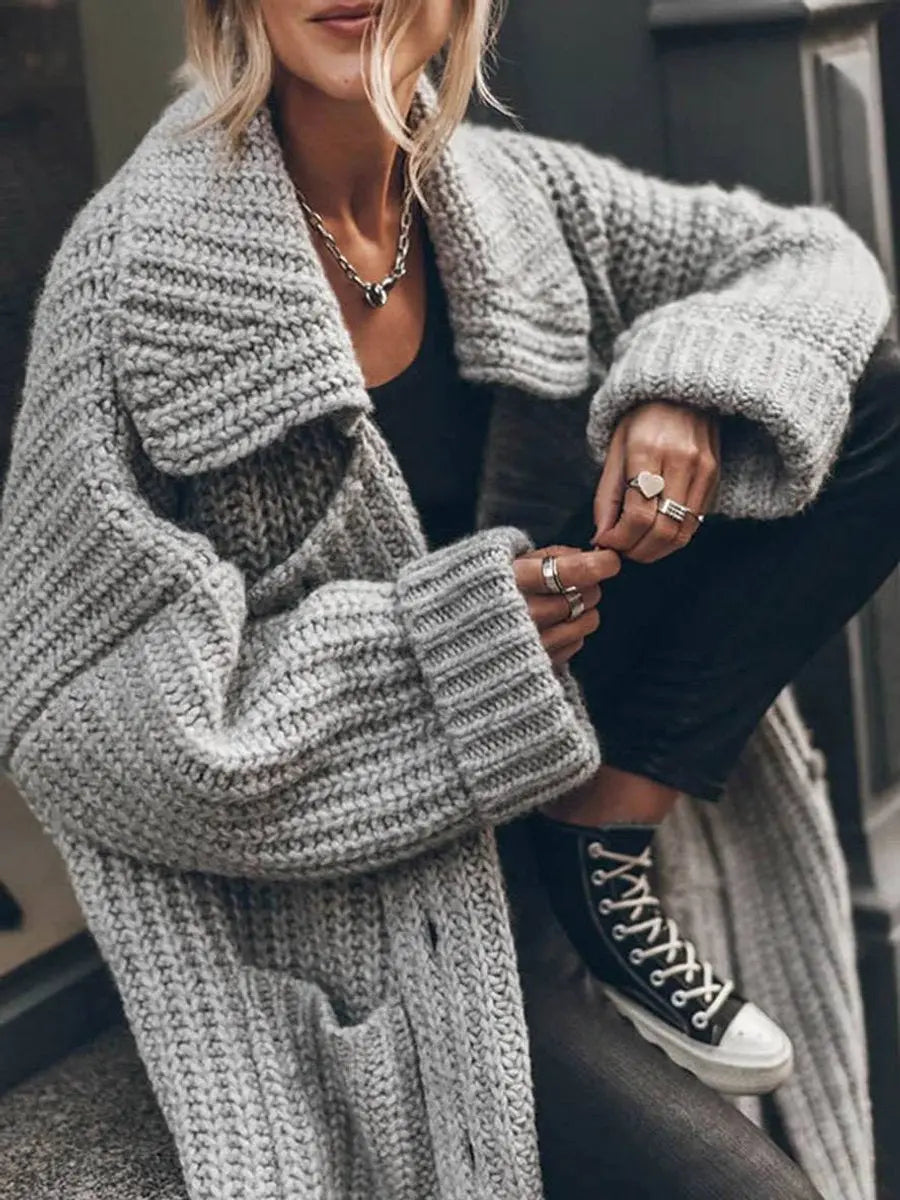 Gilet Long Femme Grosse Maille Oversize – Revers Cranté Poches Profondes | Cosy Chic