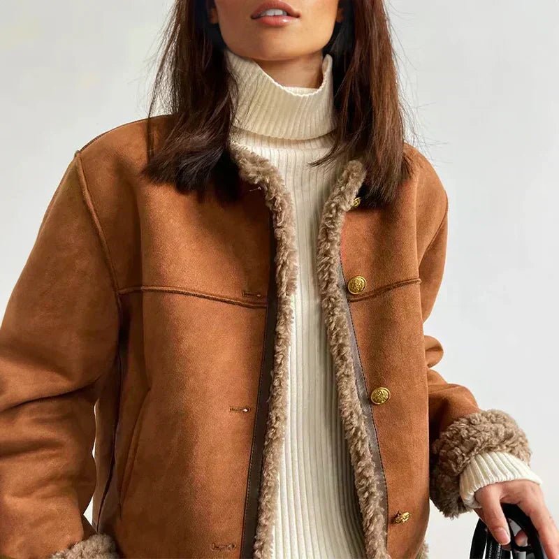Veste Femme Fausse Peau de Mouton – Coupe Courte Boutonnée | Style Casual Chic Automne Hiver