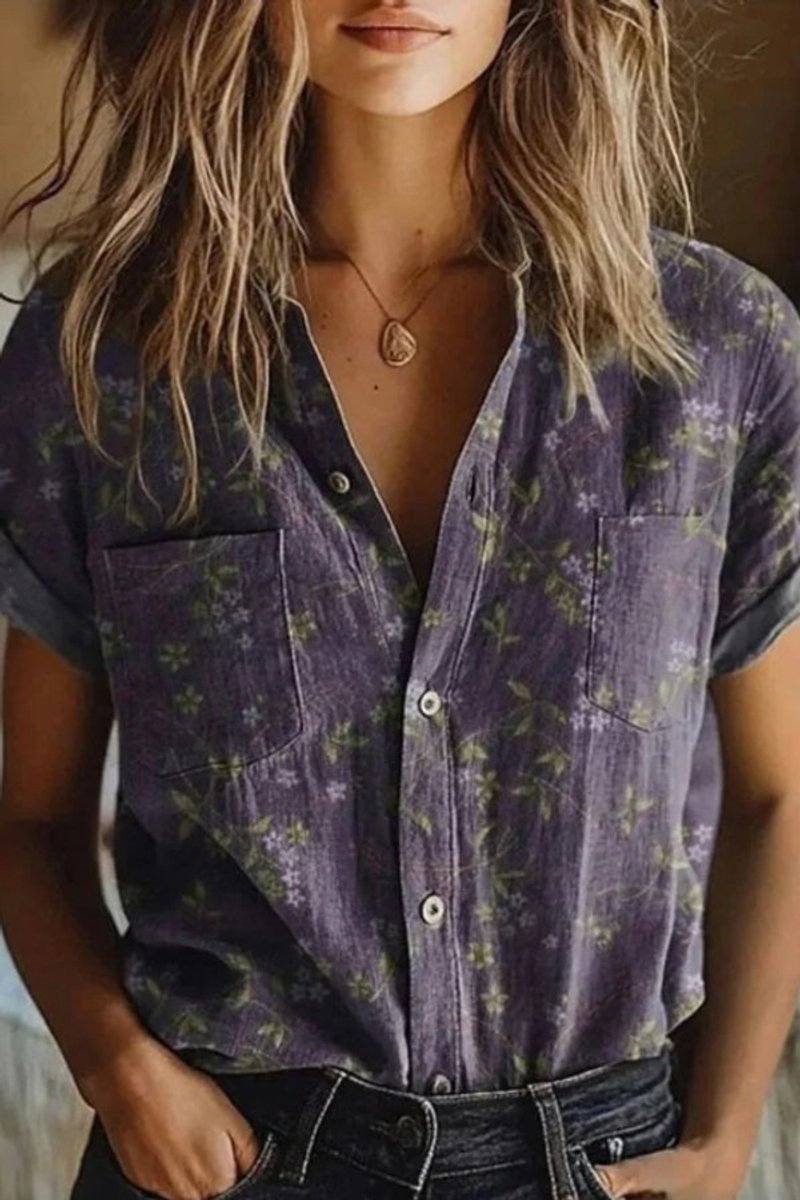 Blouse Femme Coton Imprimé Floral – Col Revers Manches Courtes | Style Casual Féminin