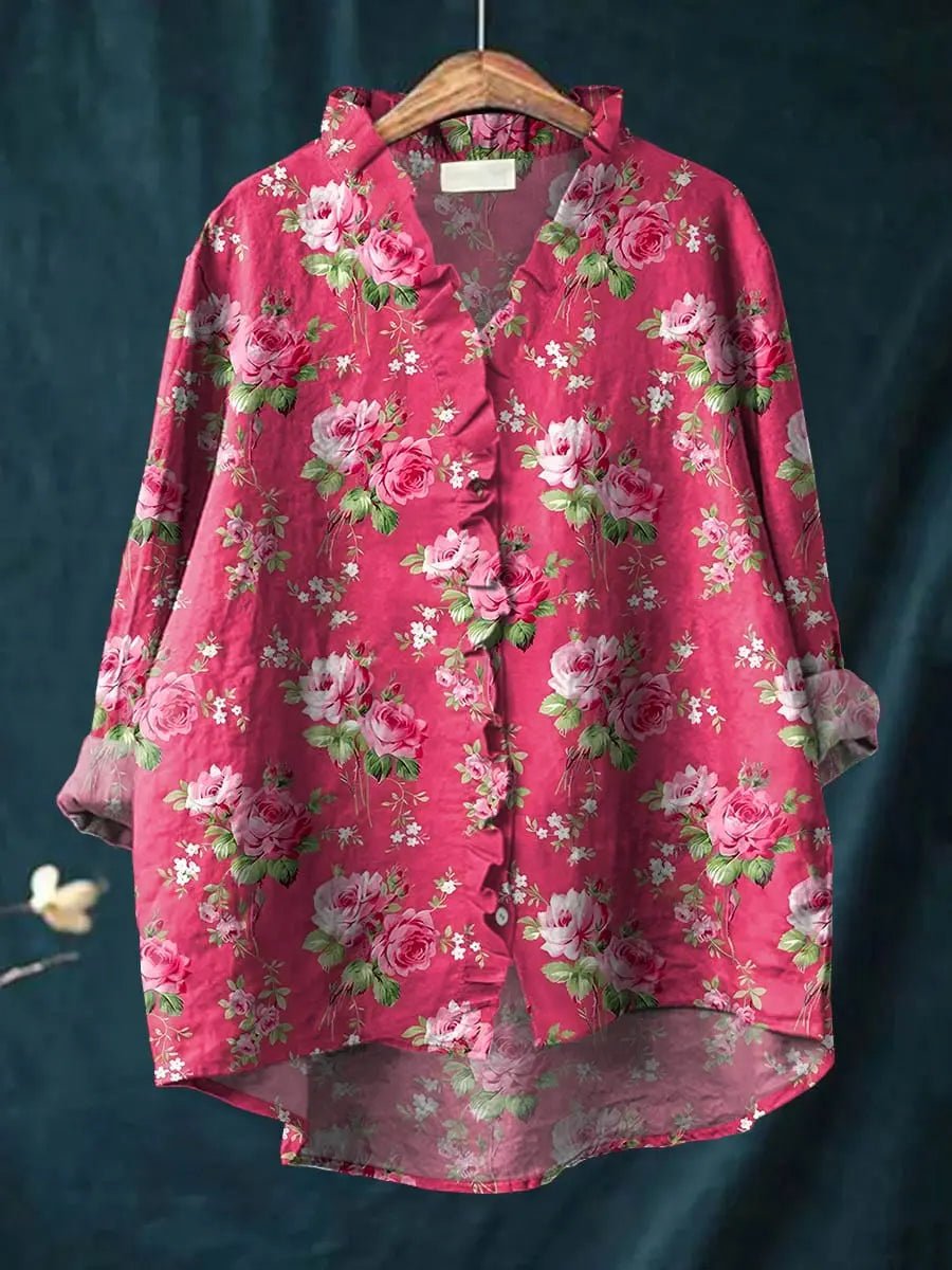 Blouse Femme Lin Mélangé – Volants Col Manches Longues Fluide | Style Naturel & Féminin