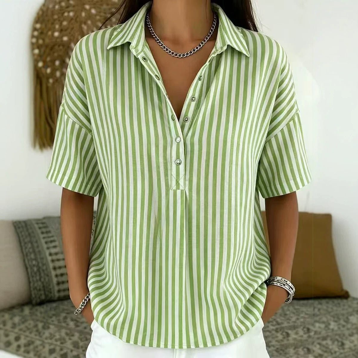 Blouse Femme Rayée – Col Classique Manches Courtes Décontractée | Style Estival Chic