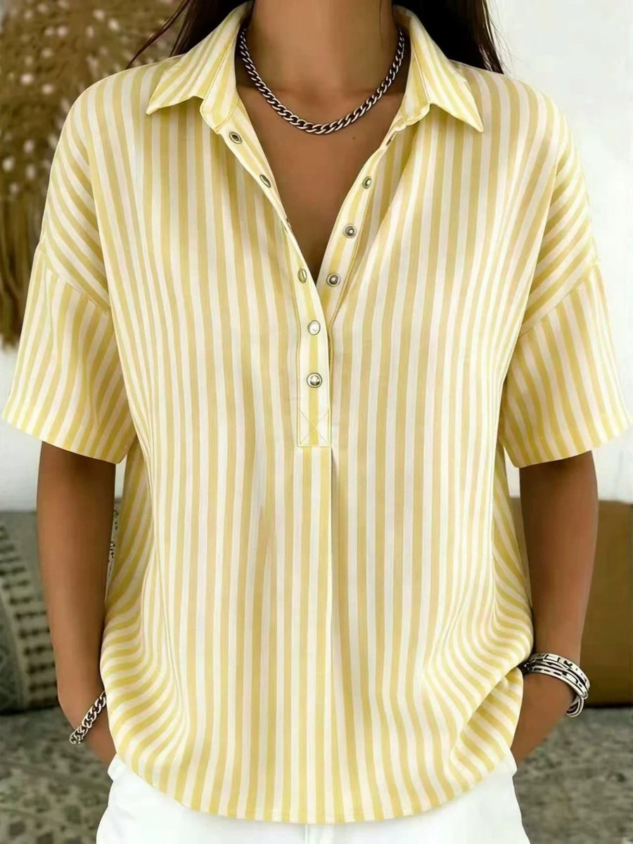 Blouse Femme Rayée – Col Classique Manches Courtes Décontractée | Style Estival Chic