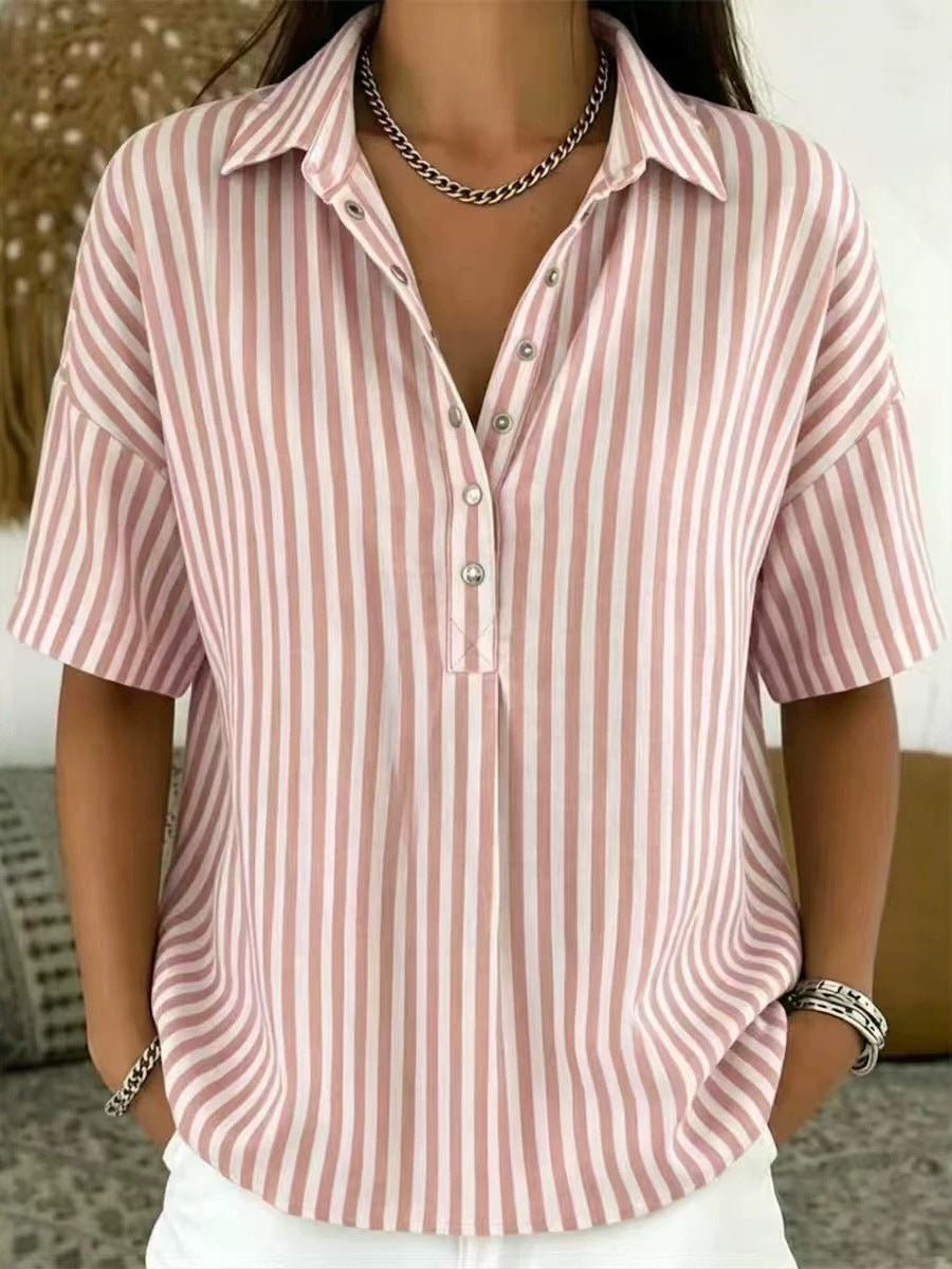 Blouse Femme Rayée – Col Classique Manches Courtes Décontractée | Style Estival Chic