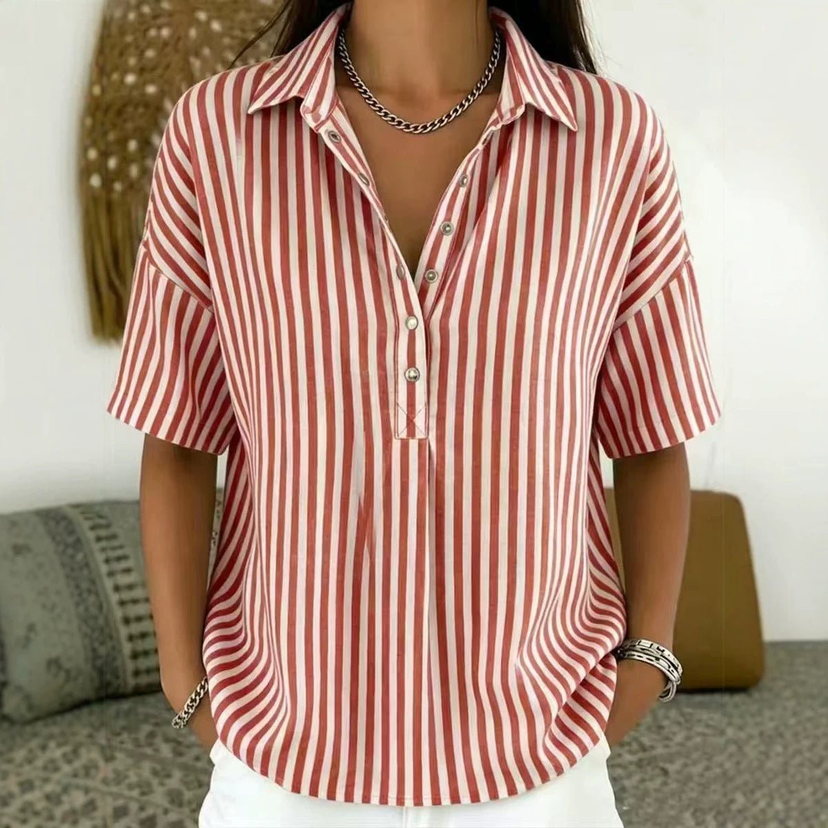 Blouse Femme Rayée – Col Classique Manches Courtes Décontractée | Style Estival Chic