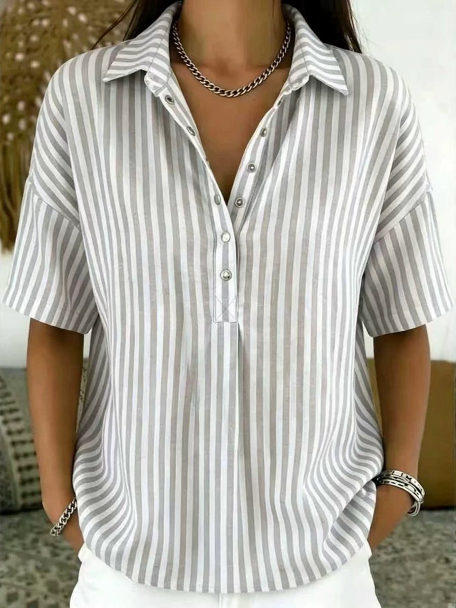 Blouse Femme Rayée – Col Classique Manches Courtes Décontractée | Style Estival Chic