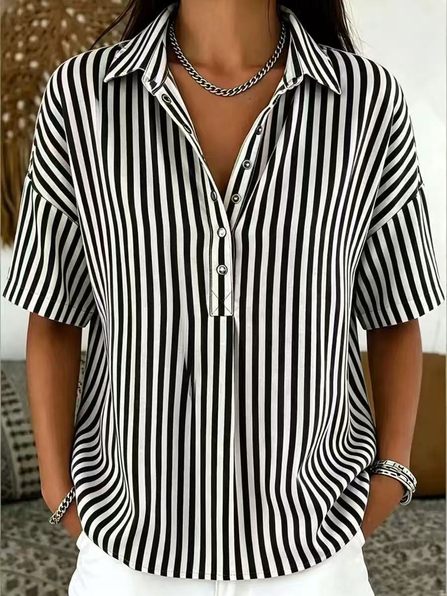 Blouse Femme Rayée – Col Classique Manches Courtes Décontractée | Style Estival Chic