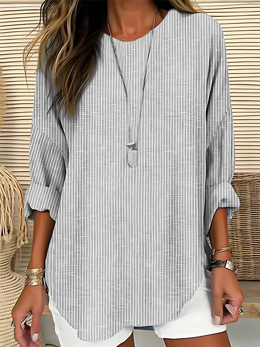 Blouse Femme Rayures – Col Rond Manches Longues Légère | Style Intemporel & Casual