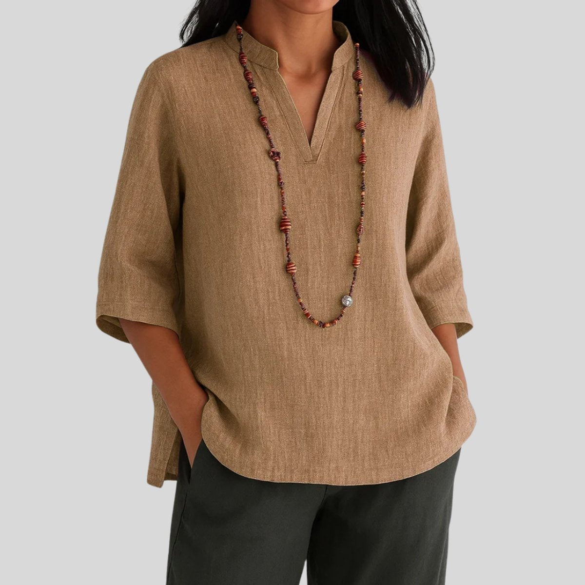 Tunique Femme Lin – Col V Coupe Ample Manches 3/4 | Style Casual Naturel
