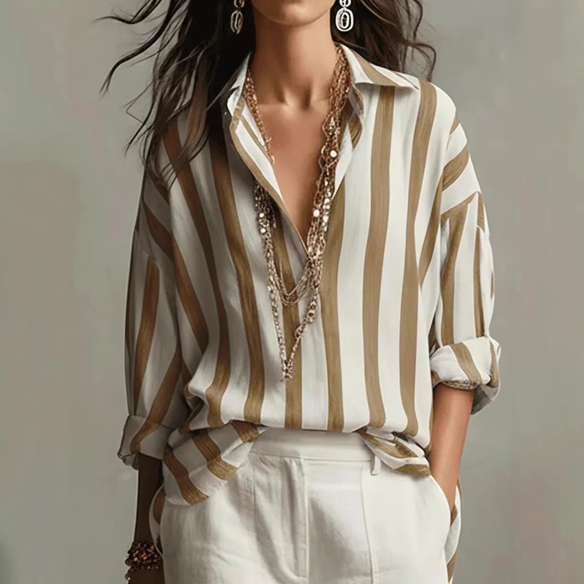 Blouse Femme Lin Rayures Verticales – Manches Longues Col Ouvert | Élégance Casual