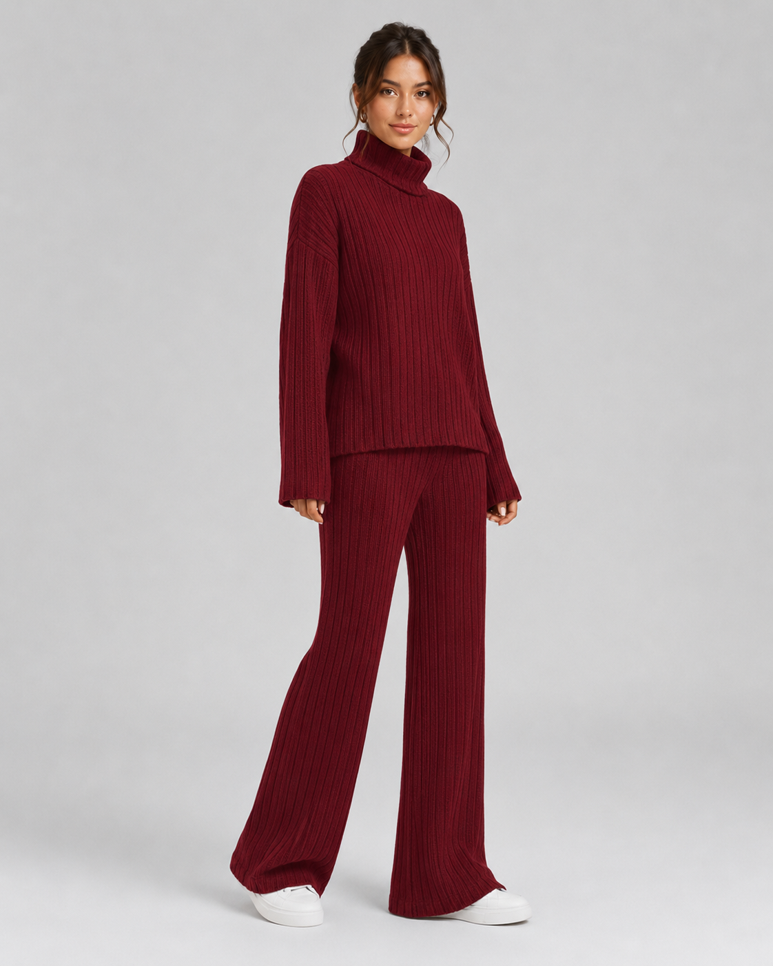 Ensemble Co-ord Femme Maille Côtelée – Col Roulé & Pantalon Large | Look Quiet Luxury