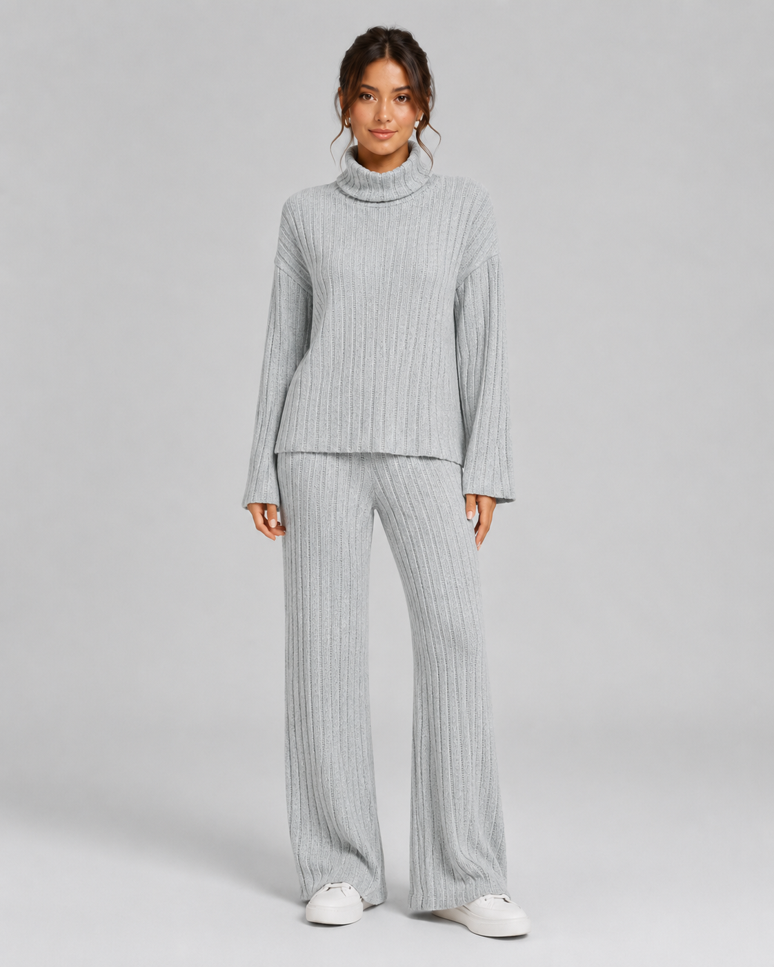 Ensemble Co-ord Femme Maille Côtelée – Col Roulé & Pantalon Large | Look Quiet Luxury