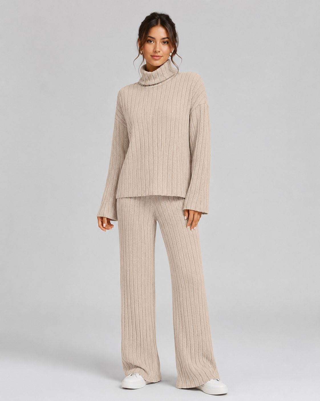 Ensemble Co-ord Femme Maille Côtelée – Col Roulé & Pantalon Large | Look Quiet Luxury