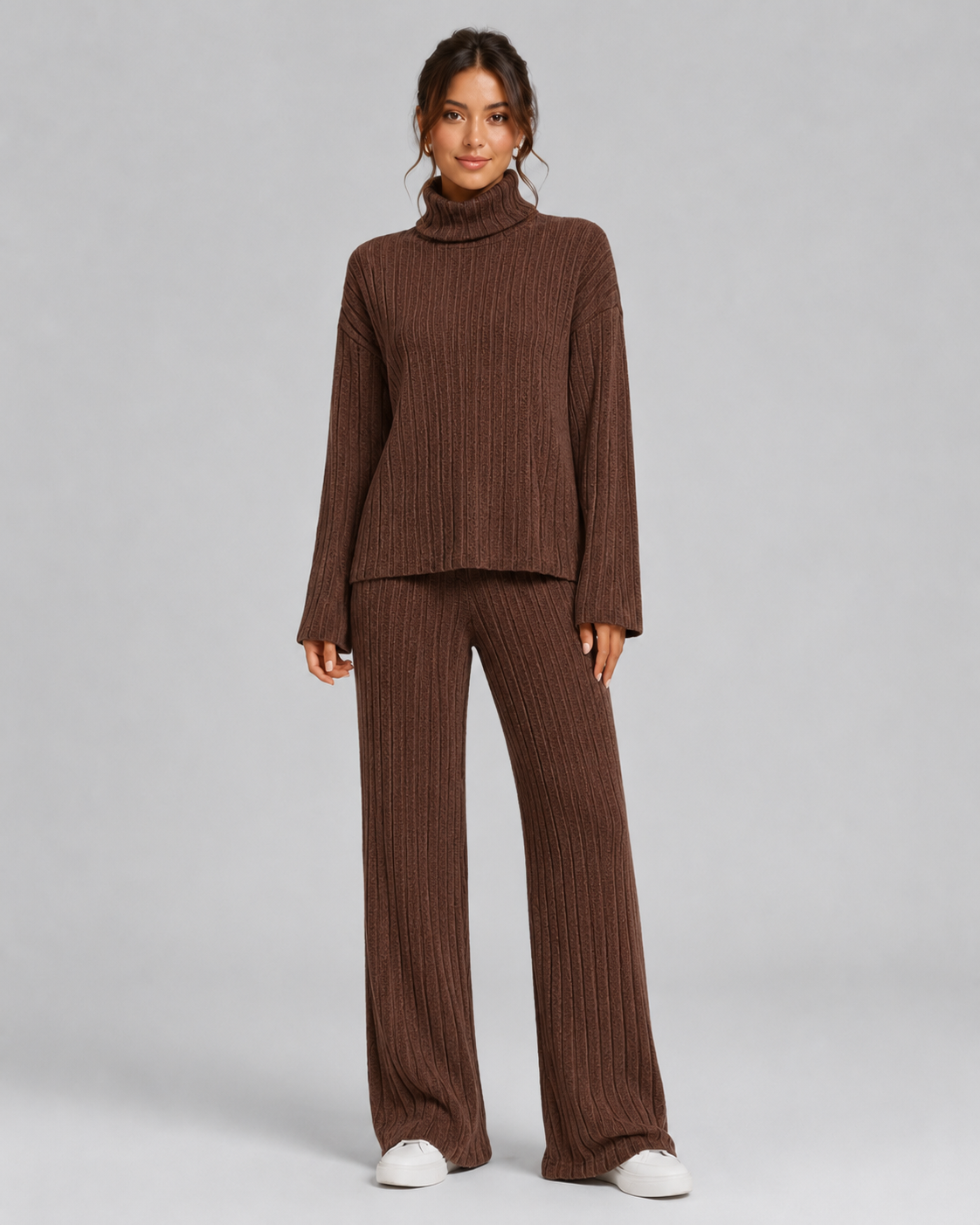 Ensemble Co-ord Femme Maille Côtelée – Col Roulé & Pantalon Large | Look Quiet Luxury