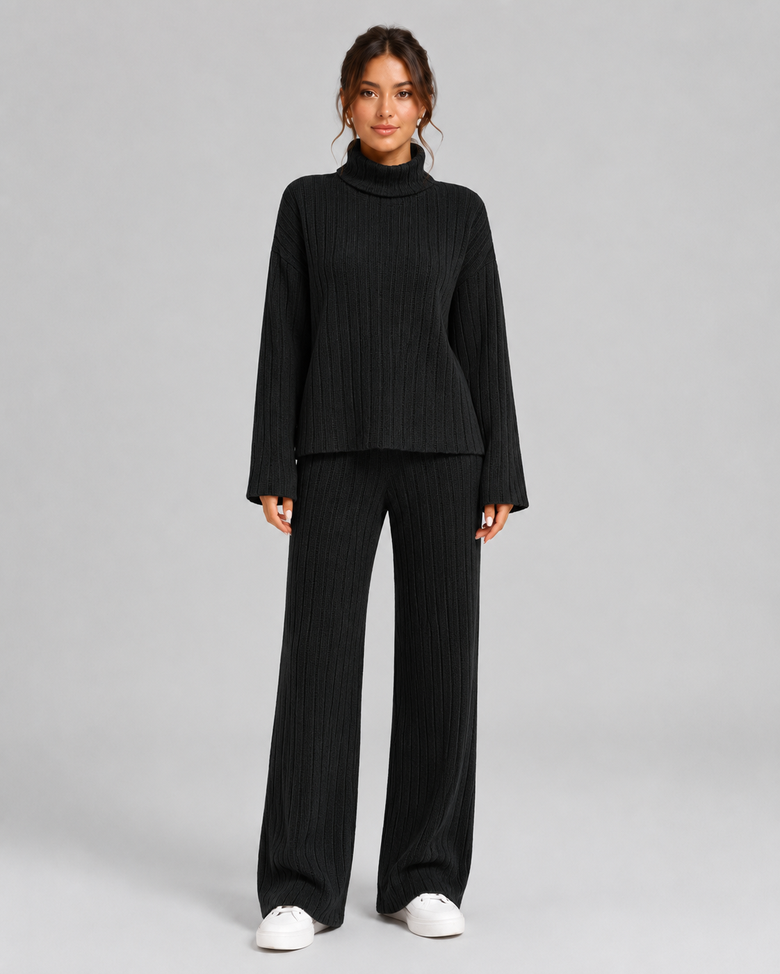 Ensemble Co-ord Femme Maille Côtelée – Col Roulé & Pantalon Large | Look Quiet Luxury