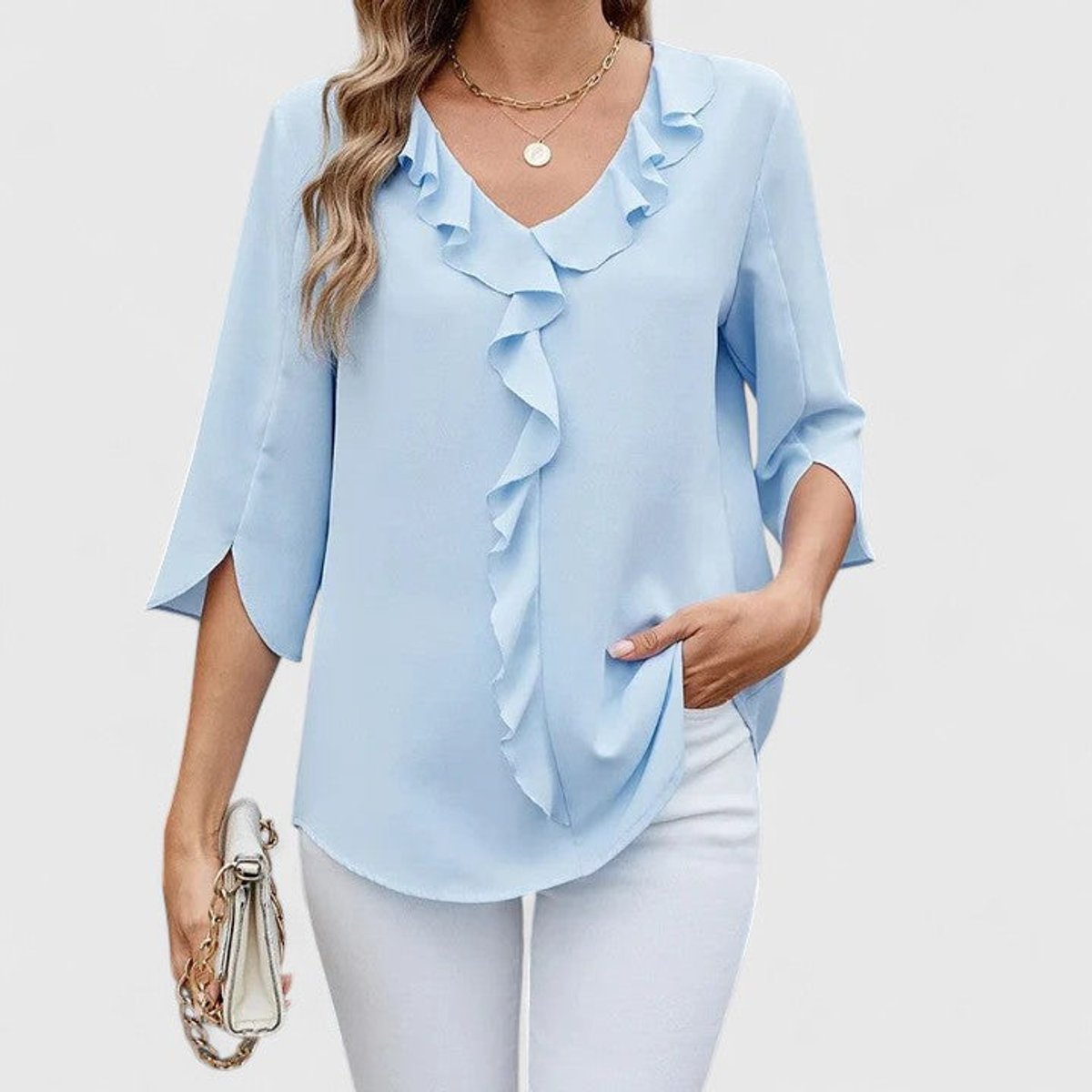 Blouse Femme Mousseline – Col V Volants Manches Trois-Quarts | Élégance au Quotidien