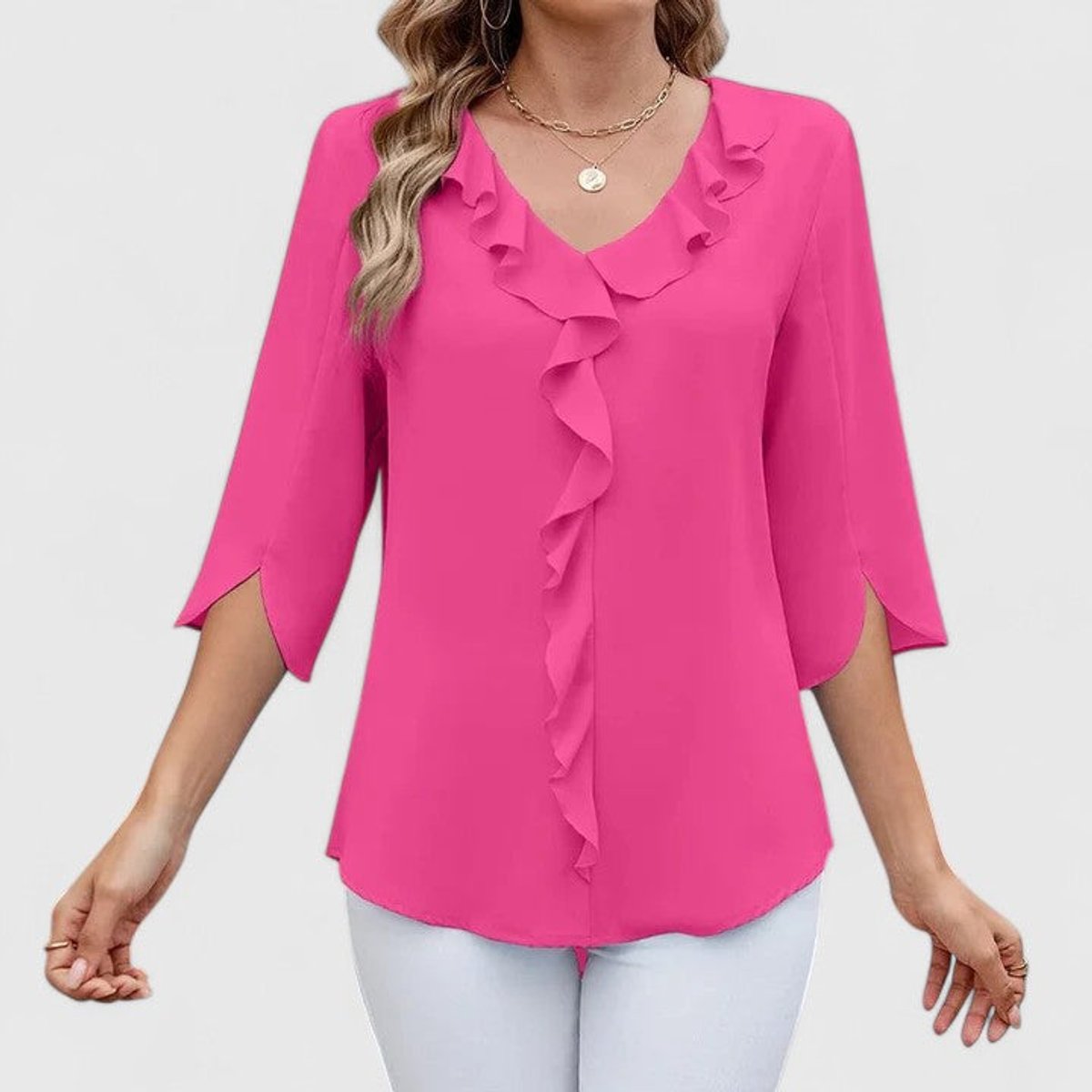 Blouse Femme Mousseline – Col V Volants Manches Trois-Quarts | Élégance au Quotidien
