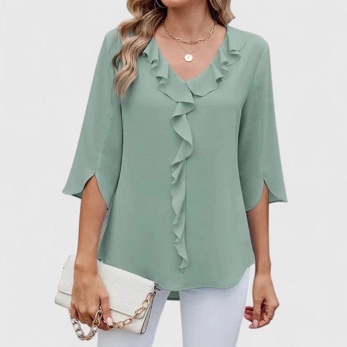 Blouse Femme Mousseline – Col V Volants Manches Trois-Quarts | Élégance au Quotidien