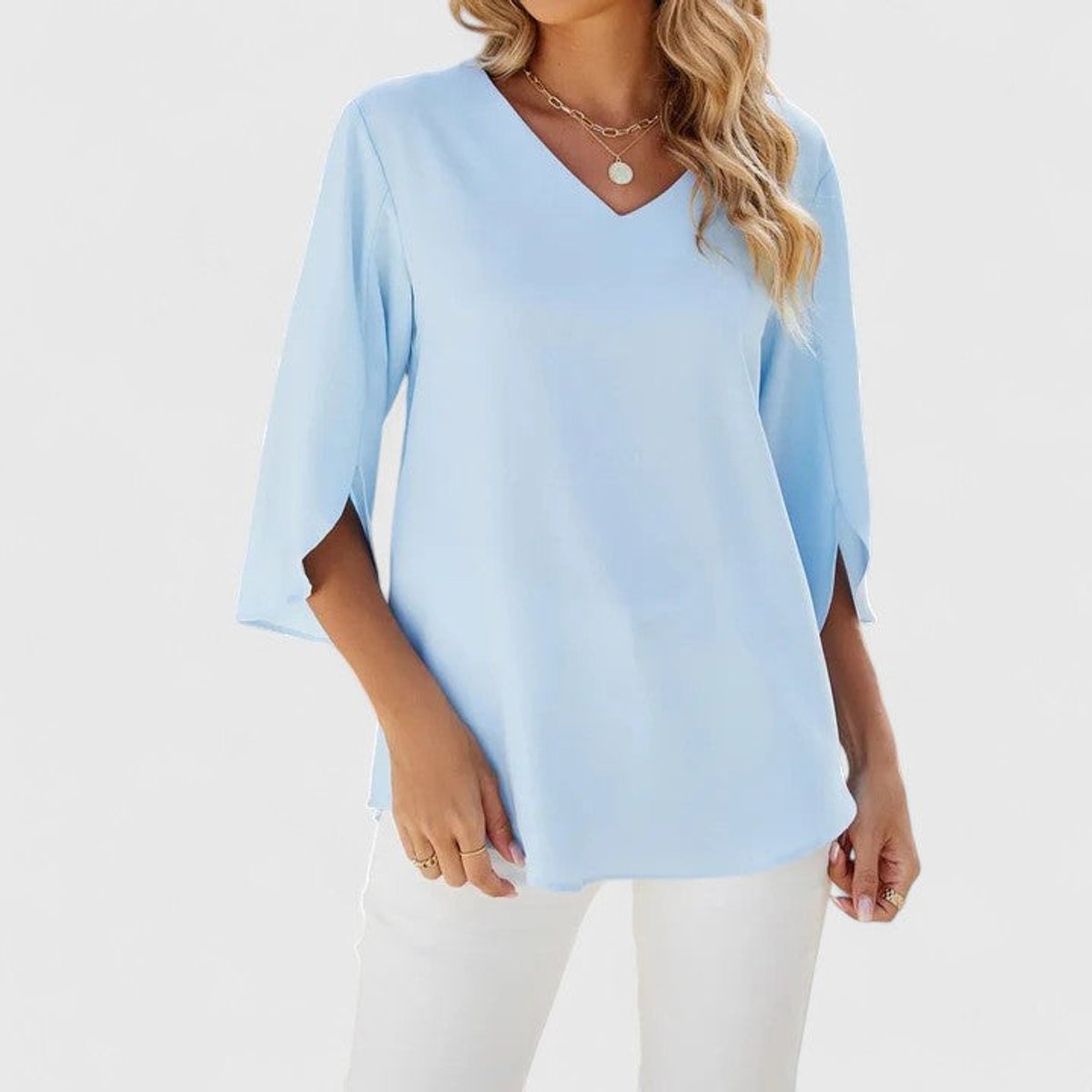 Blouse Femme Mousseline – Col V Volants Manches Trois-Quarts | Élégance au Quotidien