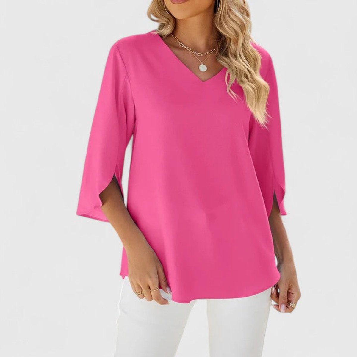 Blouse Femme Mousseline – Col V Volants Manches Trois-Quarts | Élégance au Quotidien