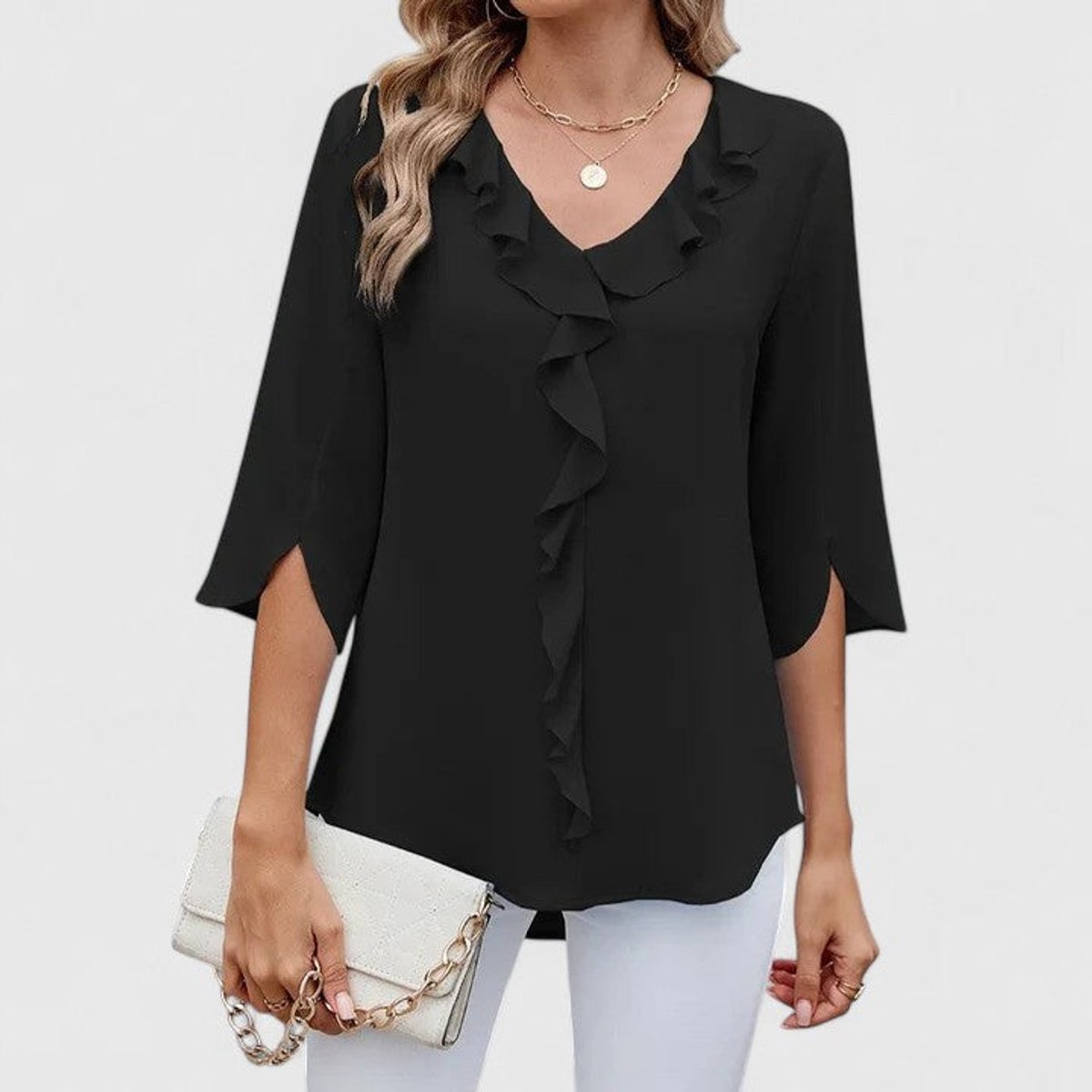 Blouse Femme Mousseline – Col V Volants Manches Trois-Quarts | Élégance au Quotidien