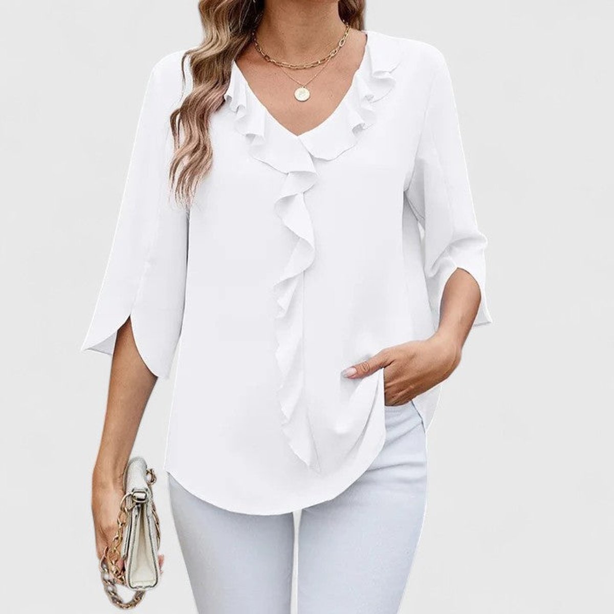 Blouse Femme Mousseline – Col V Volants Manches Trois-Quarts | Élégance au Quotidien