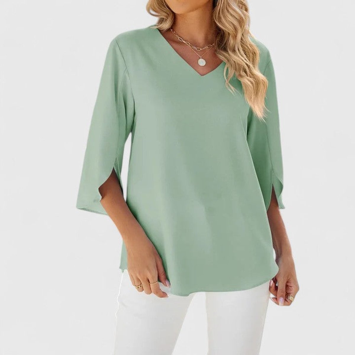 Blouse Femme Mousseline – Col V Volants Manches Trois-Quarts | Élégance au Quotidien