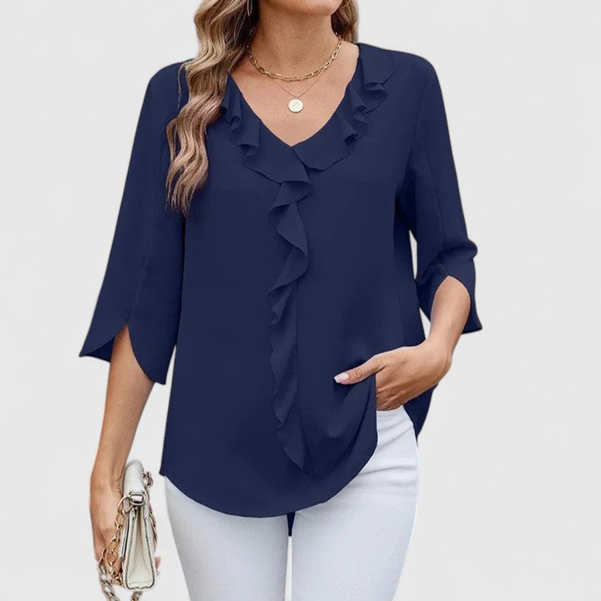 Blouse Femme Mousseline – Col V Volants Manches Trois-Quarts | Élégance au Quotidien