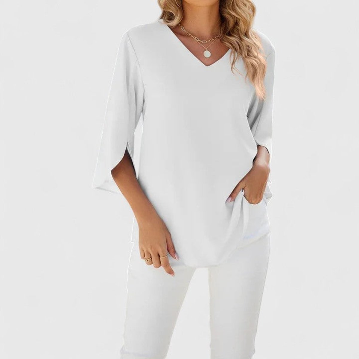 Blouse Femme Mousseline – Col V Volants Manches Trois-Quarts | Élégance au Quotidien