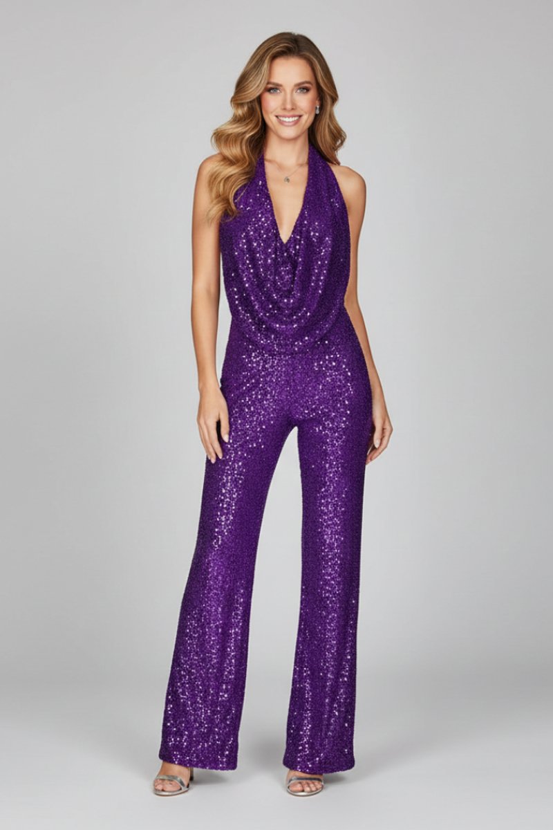 Combinaison Femme Sequins – Col Cowl Halter Jambes Larges | Look Soirée Glamour Garanti
