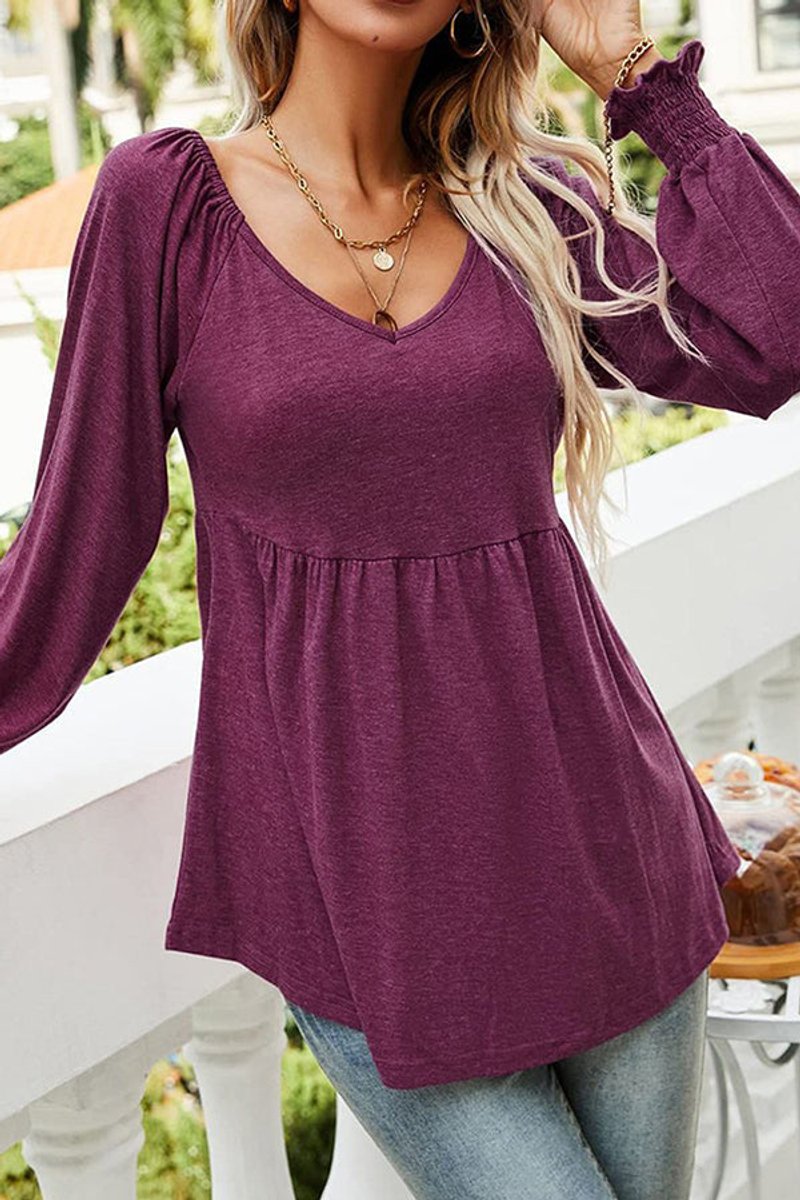 Blouse Femme Col V Babydoll – Manches Longues Poignets Smockés | Style Romantique Chic